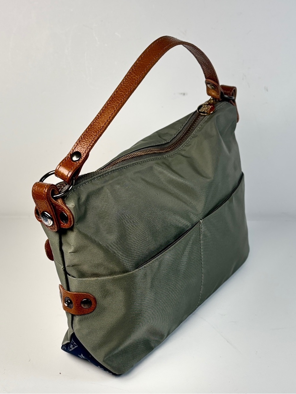 Russet Olive Green Nylon Shoulder Bag with Brown Trim. Blue accent. Japanese lux